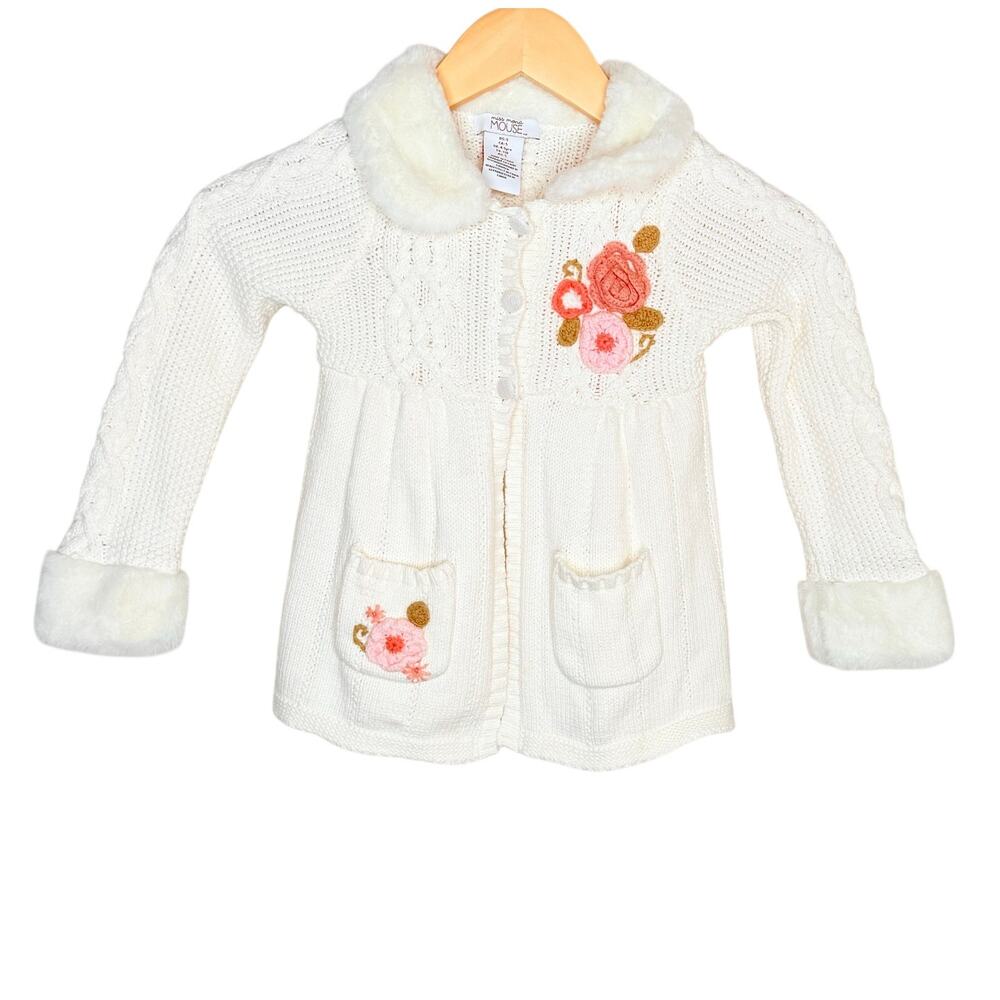 Miss Mona Mouse Girls Cardigan Size 5 Ivory Floral Faux Fur Cottagecore - Picture 2 of 12